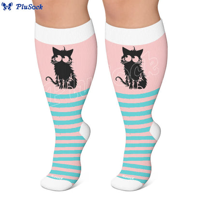 Plusock Plus Size Pink Stripe Cat Compression Socks - image 5