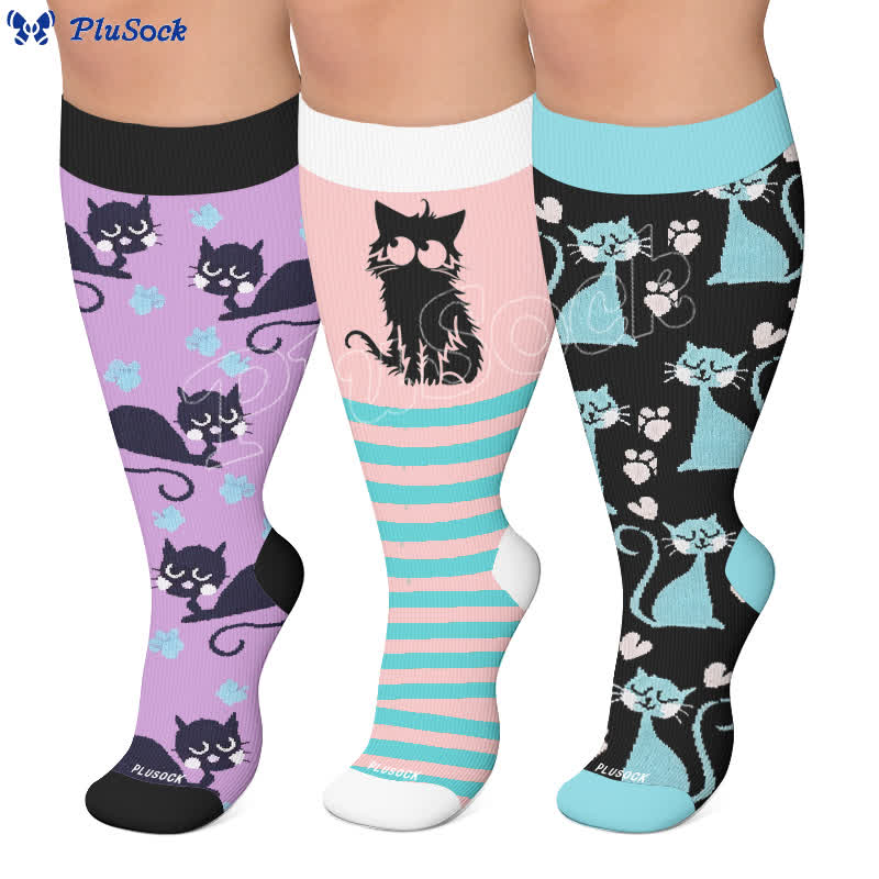 Plusock Plus Size Pink Stripe Cat Compression Socks - image 0