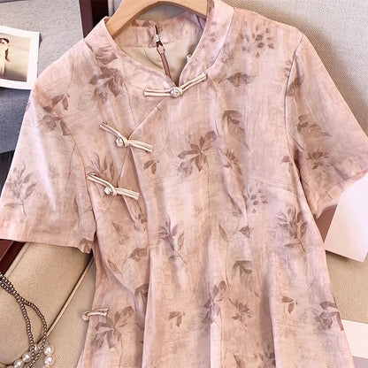 Plusock Floral Mandarin Collar Short Sleeve Midi Dress - image 1