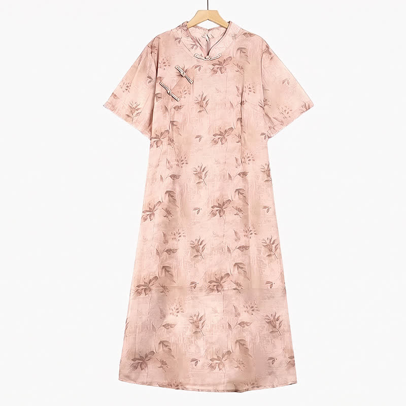 Plusock Floral Mandarin Collar Short Sleeve Midi Dress - Pink - 6XL - image 0
