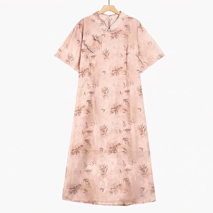 Plusock Floral Mandarin Collar Short Sleeve Midi Dress - Pink - 6XL - image 0