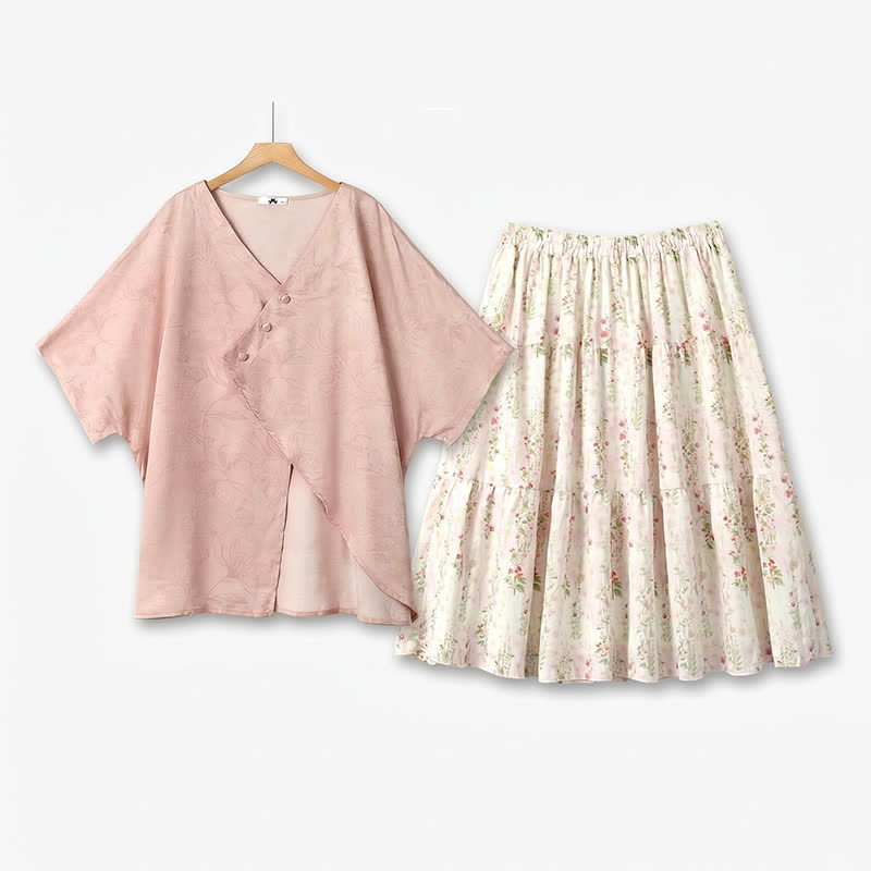 Plusock Plus Size Batwing Sleeve Blouse Floral Tiered Midi Skirt Set - 2Pcs Set - 6XL - image 0