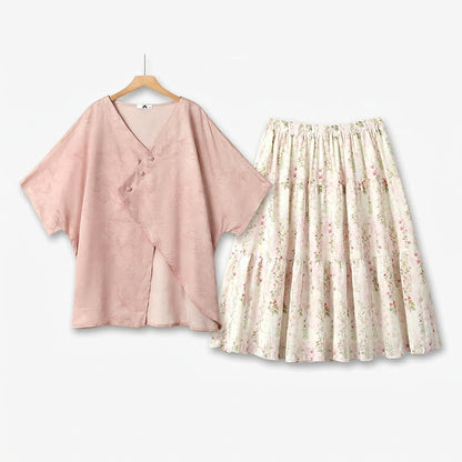 Plusock Plus Size Batwing Sleeve Blouse Floral Tiered Midi Skirt Set - 2Pcs Set - 6XL - image 0