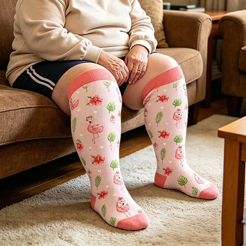 Plusock Plus Size Flamingo Stripe Compression Socks - Red - 4XL - image 1