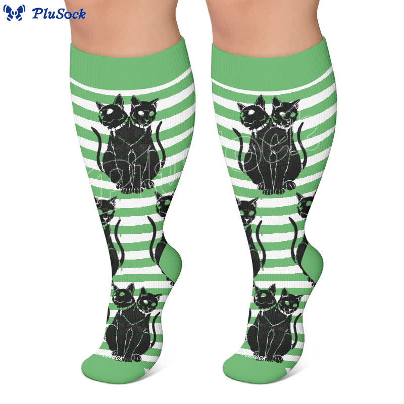 Plusock Plus Size Green Cat Stripe Compression Socks - image 6