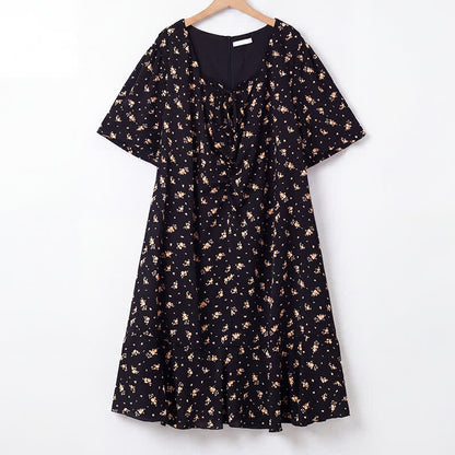 Plusock Plus Size Ditsy Floral Tie Neck Ruffle Hem Midi Dress - Black - 6XL - image 0