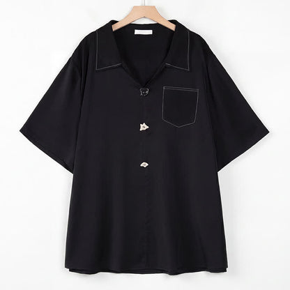 Plusock Plus Size Contrast Stitch Camp Collar Shirt Blouse - Black - 4XL - image 6