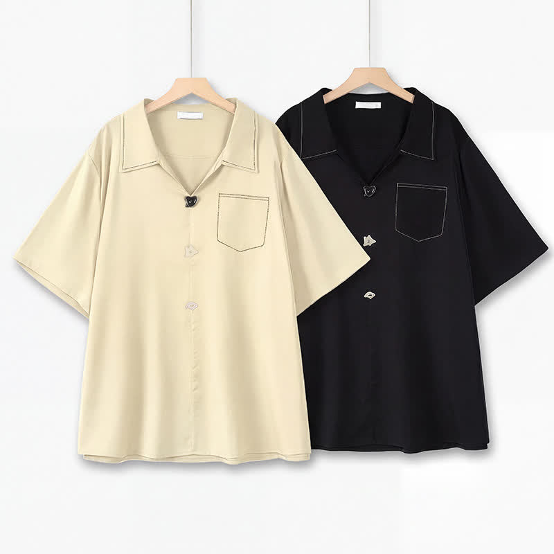 Plusock Plus Size Contrast Stitch Camp Collar Shirt Blouse - image 0