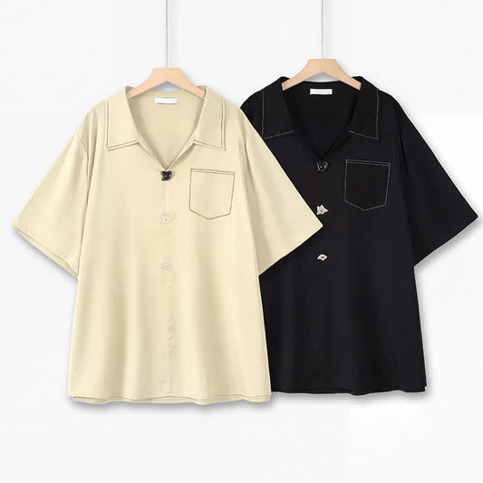 Plusock Plus Size Contrast Stitch Camp Collar Shirt Blouse - image 0