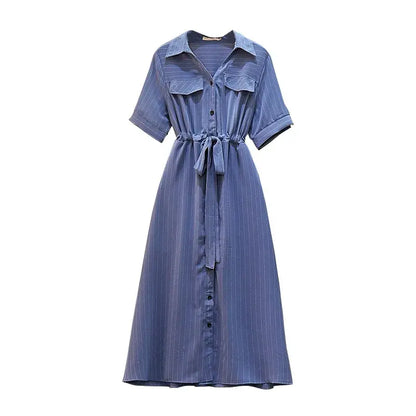 Plusock Plus-Size Striped Belted Skirt Midi Dress - Blue - 6XL - image 8