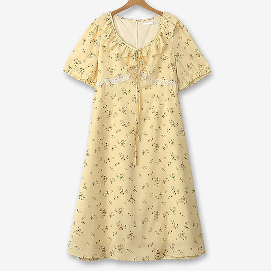 Plusock Plus Size Vintage Ditsy Floral Tie Neck Midi Dress - Yellow - 6XL - image 0