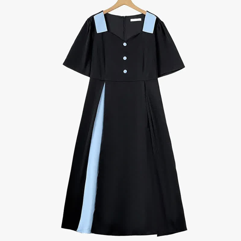 Plusock Plus Size Daily Loose Puff Short Sleeve Midi Dress - Black - 6XL - image 0