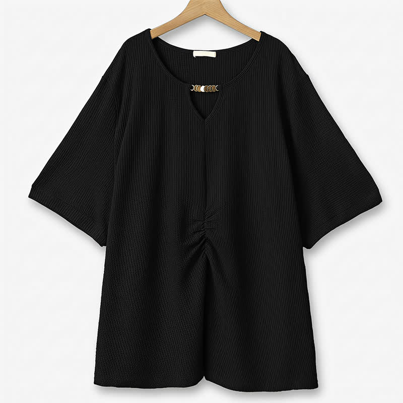 Plusock Plus Size Textured Keyhole Neck Gathered Tunic Top - Black - 6XL - image 7