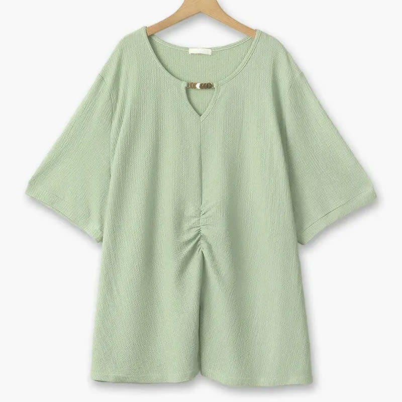Plusock Plus Size Textured Keyhole Neck Gathered Tunic Top - Green - 6XL - image 6