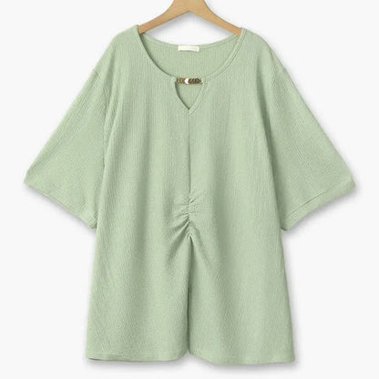 Plusock Plus Size Textured Keyhole Neck Gathered Tunic Top - Green - 6XL - image 6