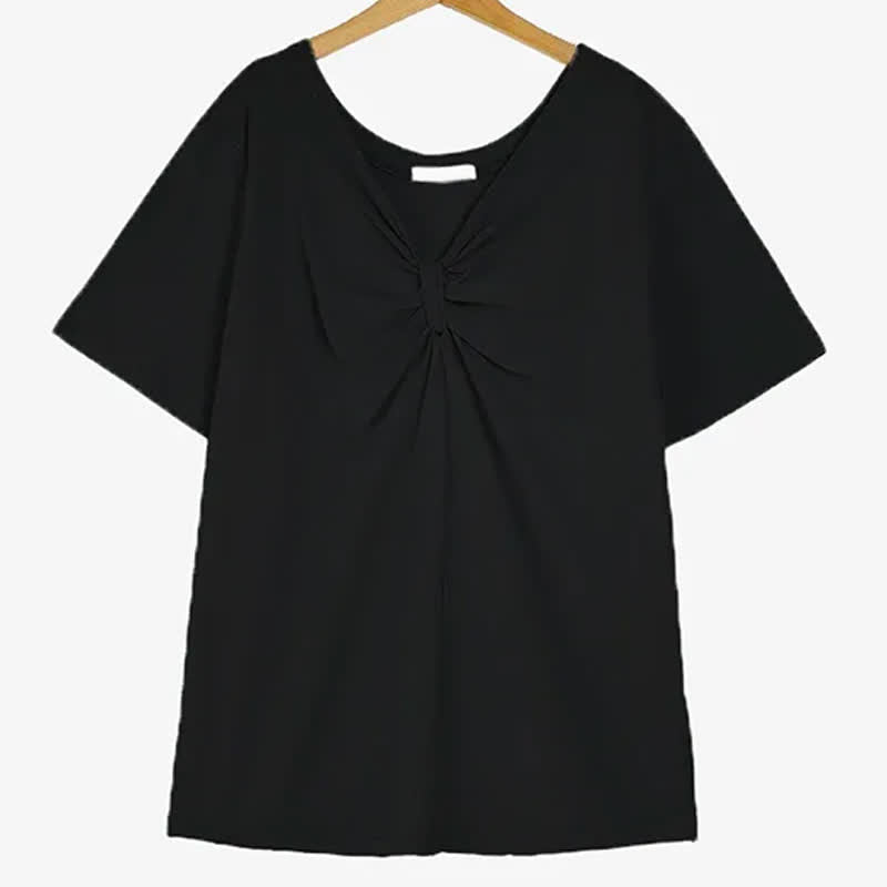Plusock Plus Size Twist Front V Neck Cotton Stretch Blouse - Black - 6XL - image 5
