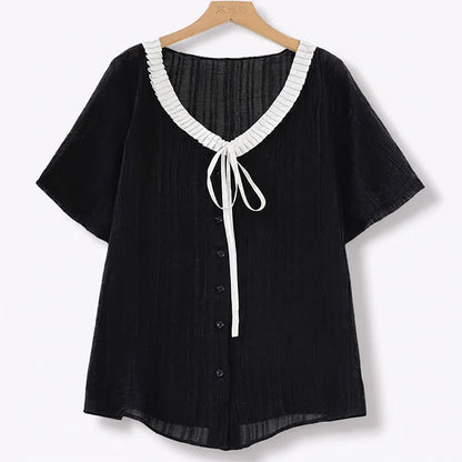 Plusock Plus Size Ruffle Tie Neck Top - Black - 6XL - image 0
