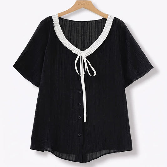 Plusock Plus Size Ruffle Tie Neck Top - Black - 6XL - image 0