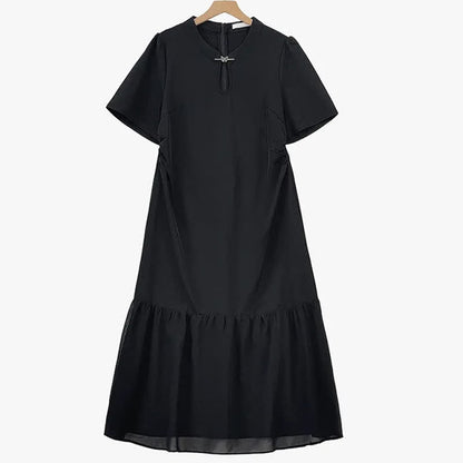 Plusock Plus Size Elegant Keyhole Neck Ruffle Hem Midi Dress - Black - 6XL - image 0