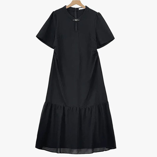 Plusock Plus Size Elegant Keyhole Neck Ruffle Hem Midi Dress - Black - 6XL - image 0