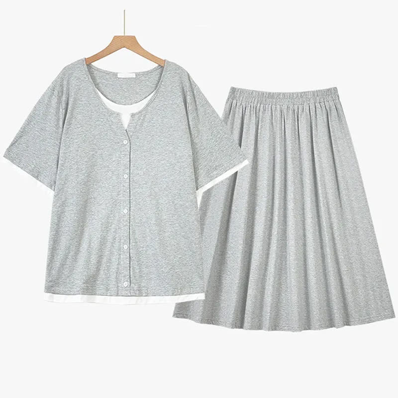 Plusock Soft Cotton Blend Contrast Trim Skirt Set - Grey - 6XL - image 6