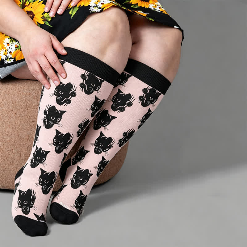 Plusock Plus Size Red Stripe Cat Compression Socks - Black - 4XL - image 3