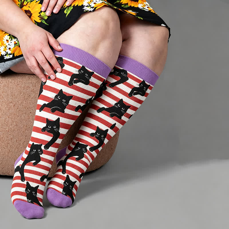 Plusock Plus Size Red Stripe Cat Compression Socks - Purple - 4XL - image 2
