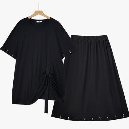 Plusock Plus Size Side Tie Ruched Short Sleeve Midi Skirt Matching Set - 2Pcs Set - 6XL - image 0