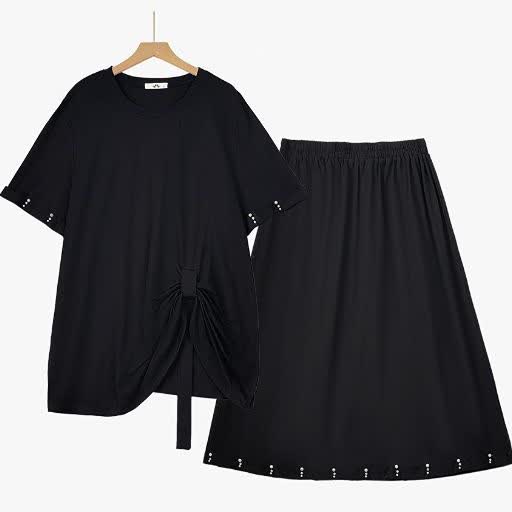 Plusock Plus Size Side Tie Ruched Short Sleeve Midi Skirt Matching Set - 2Pcs Set - 6XL - image 0