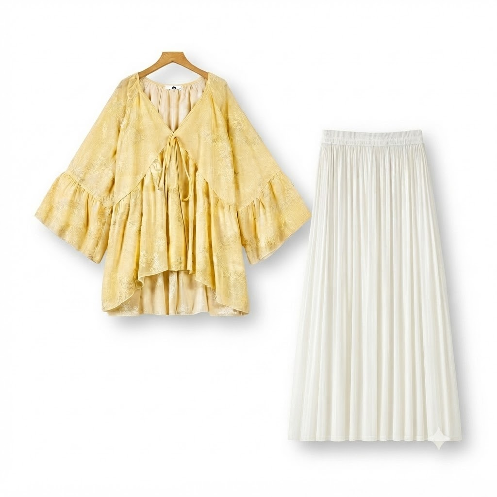 Plusock Plus Size Yellow Floral Cape Top Maxi Skirt Set - 2Pcs Set - 6XL - image 0