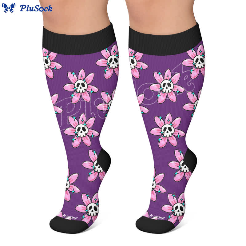 Plusock Plus Size Pink Skull Daisy Compression Socks - image 4