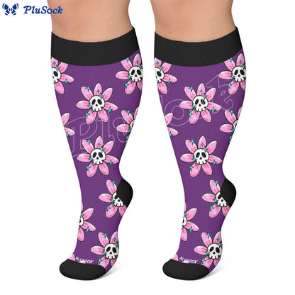 Plusock Plus Size Pink Skull Daisy Compression Socks - image 4