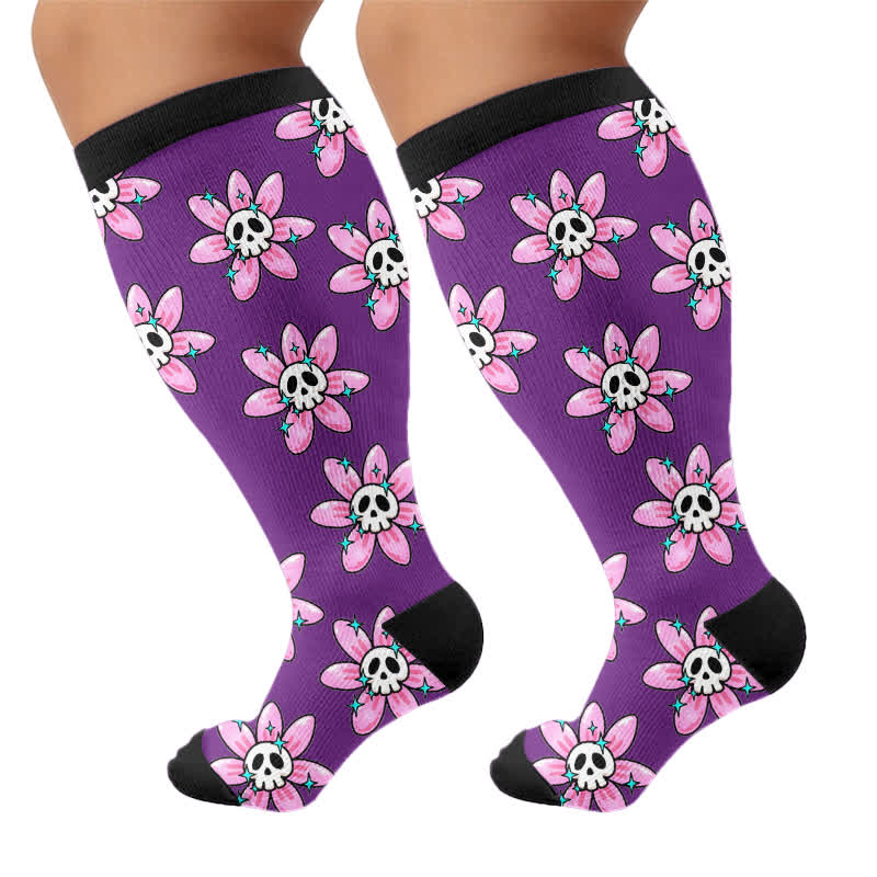 Plusock Plus Size Pink Skull Daisy Compression Socks - image 8