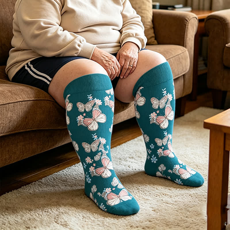Plusock Plus Size Floral Flutter Compression Socks - Blue - 4XL - image 3
