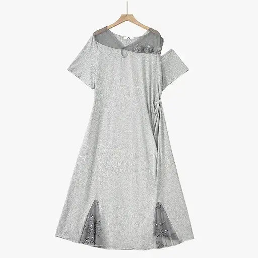Plusock Plus Size Ruched Waist Mesh V Neck Short Sleeve Midi Dress - Grey - 6XL - image 2