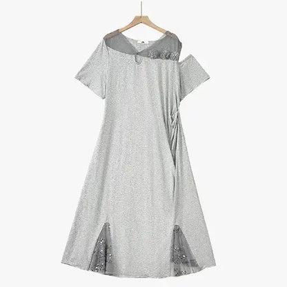 Plusock Plus Size Ruched Waist Mesh V Neck Short Sleeve Midi Dress - Grey - 6XL - image 2