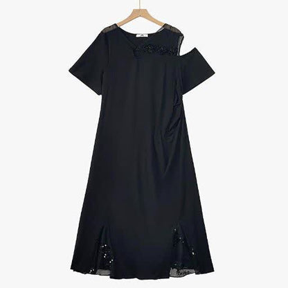Plusock Plus Size Ruched Waist Mesh V Neck Short Sleeve Midi Dress - Black - 6XL - image 1