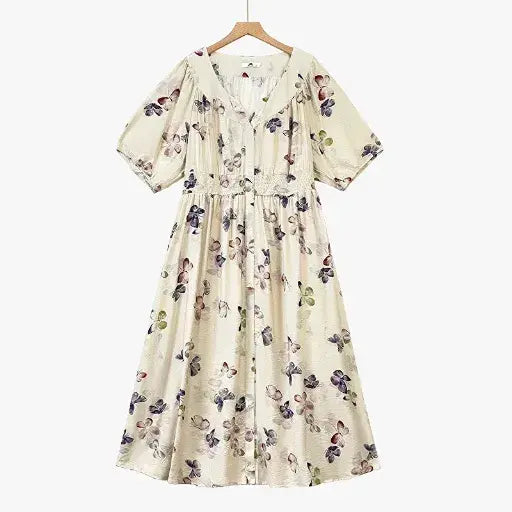 Plusock Vintage Floral V Neck Empire Waist Lightweight Sundresses - Beige - 6XL - image 0