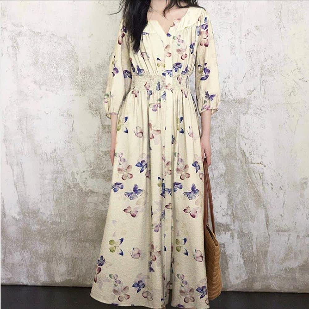 Plusock Vintage Floral V Neck Empire Waist Lightweight Sundresses - image 5