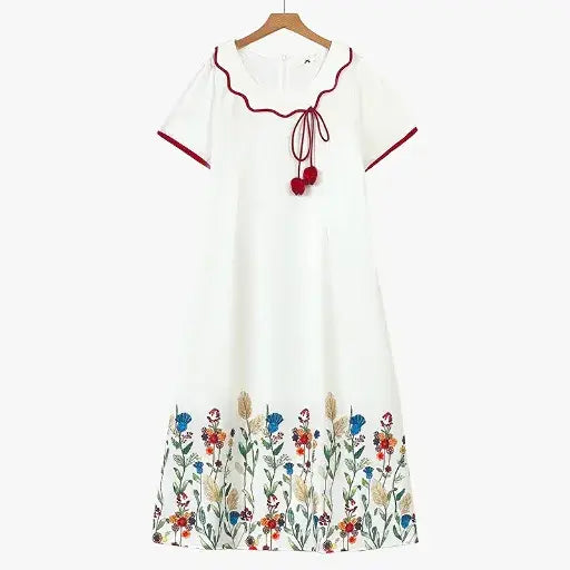 Plusock Plus Size Short Sleeve Tassel Tie Floral Midi Dress - White - 6XL - image 0