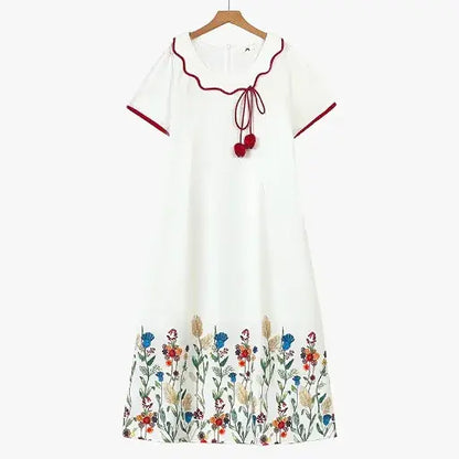 Plusock Plus Size Short Sleeve Tassel Tie Floral Midi Dress - White - 6XL - image 0