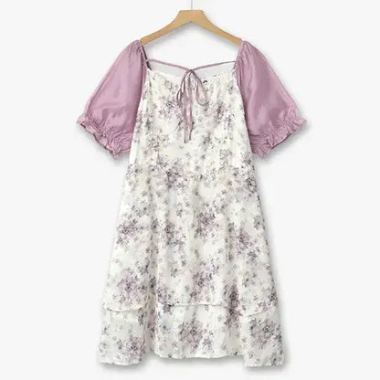 Plusock Plus Size Square Neck Puff Contrast Floral Tiered A-line Sundresses - Purple - 6XL - image 0