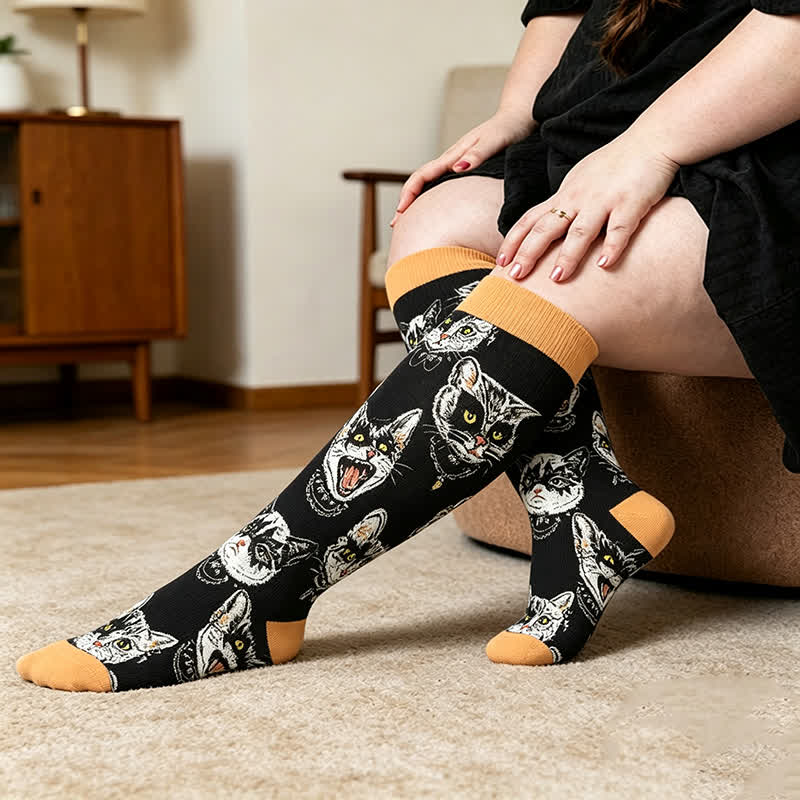 Plusock Plus Size Black Orange Cat Compression Socks - Orange - 4XL - image 3