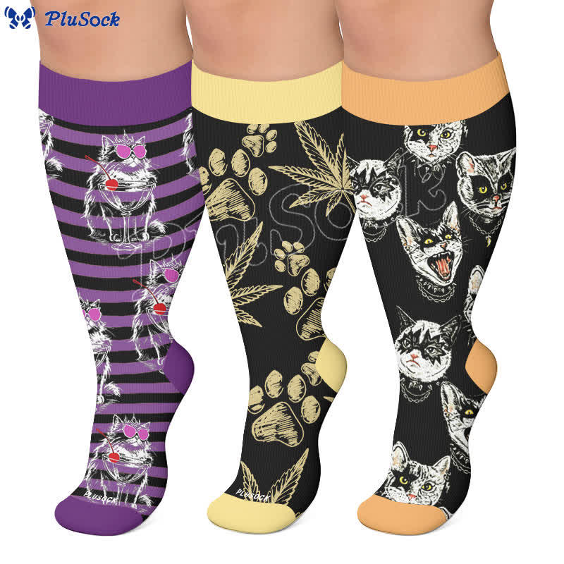 Plusock Plus Size Black Orange Cat Compression Socks - image 0