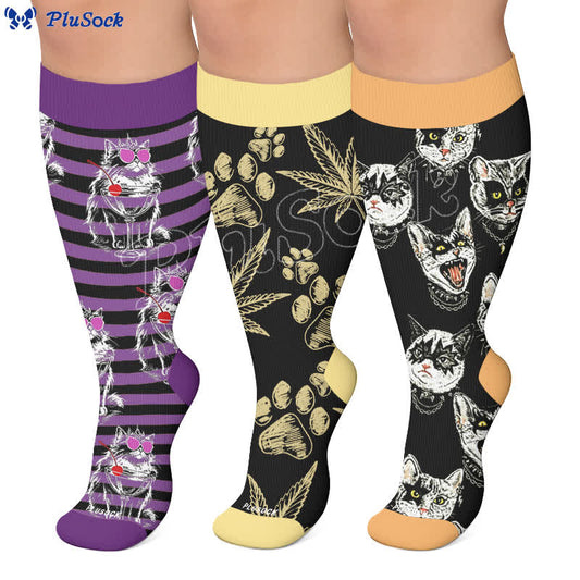 Plusock Plus Size Black Orange Cat Compression Socks - image 0