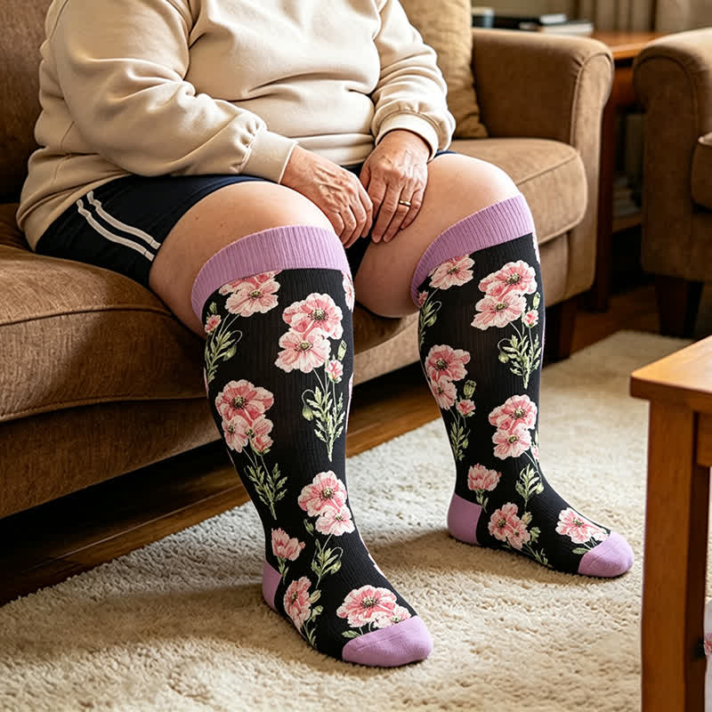 Plusock Plus Size Blush Floral Compression Socks - Purple - 4XL - image 2