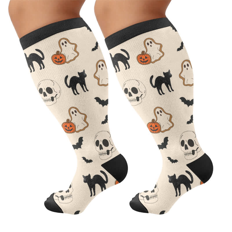 Plusock Plus Size Cartoon Pumpkin Cat Ghost Compression Socks - Beige - 4XL - image 7