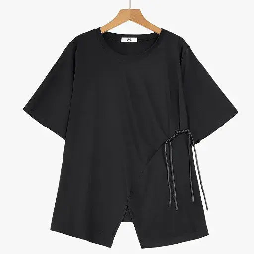 Plusock Plus Size Round Neck Short Sleeve Drawstring Tunic Top - Black - 6XL - image 1