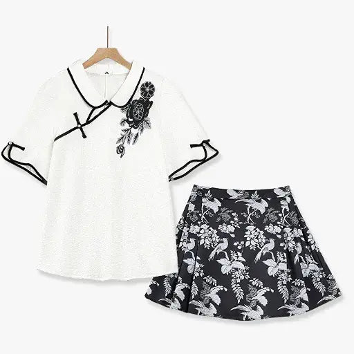 Plusock Plus Size Mandarin Collar Frog Button Top & Floral Print Skirt 2 Piece Summer Sets - 2Pcs Set - 6XL - image 0