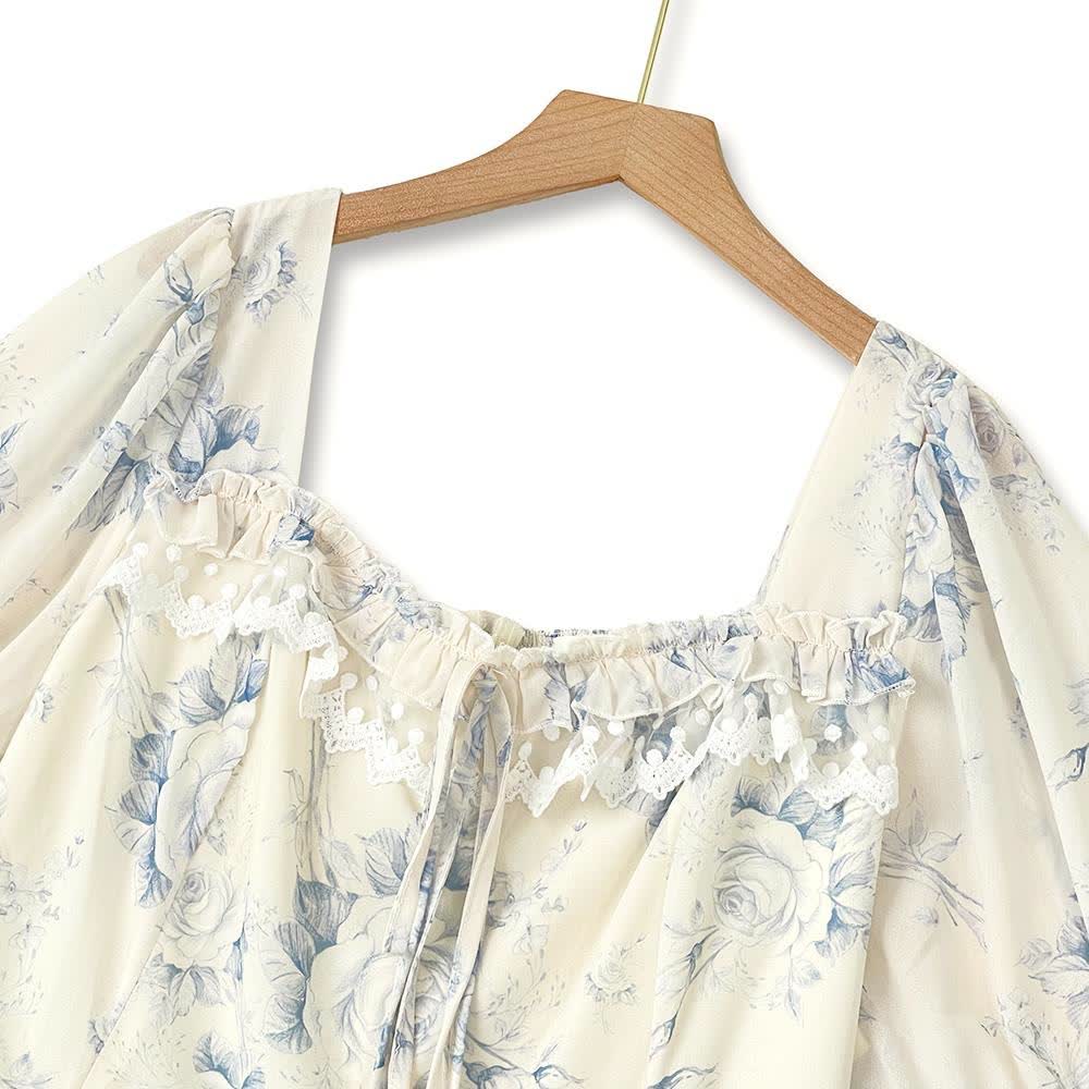 Plusock Square Neck Puff Short Sleeve Lace Trim Tiered Summer Dress - image 1